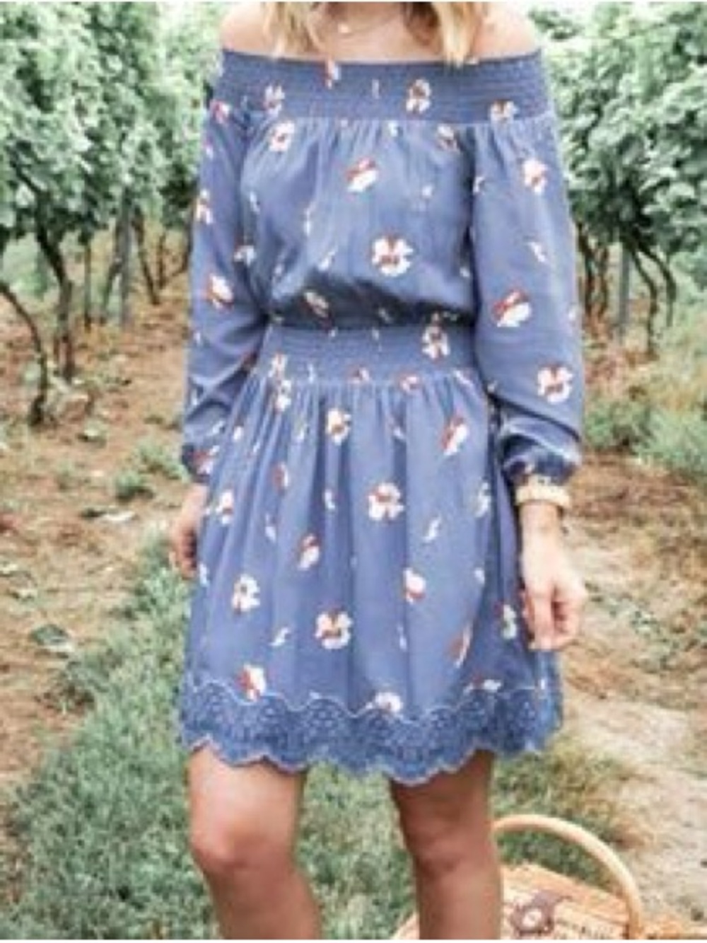 A&F Abercrombie & Fitch Off-Shoulder Smoke Blue Floral Dress Lace Hem Size S